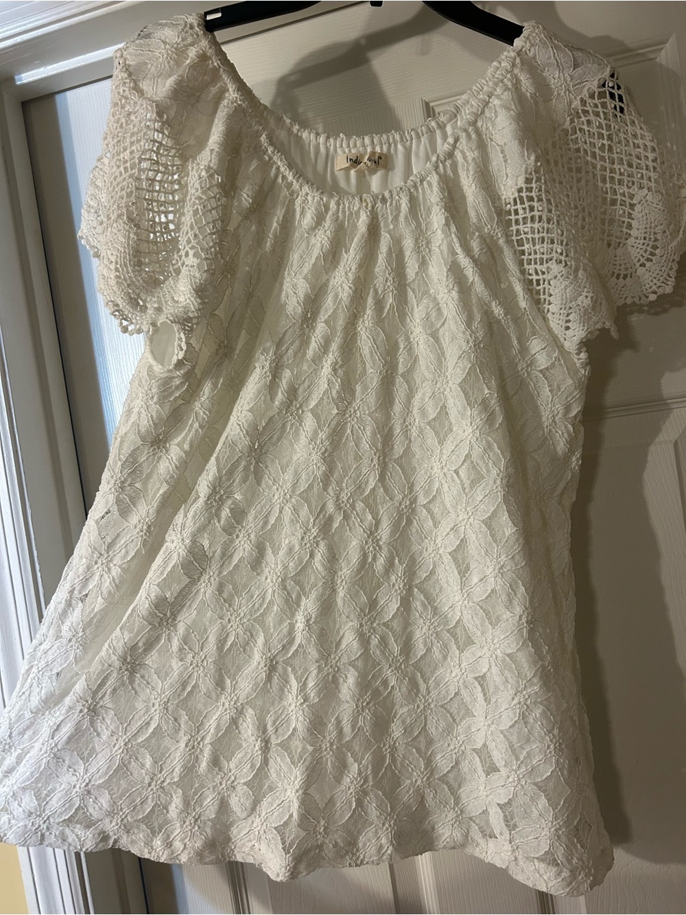 indigo soul Cream Floral Lace Blouse with Crochet Sleeves